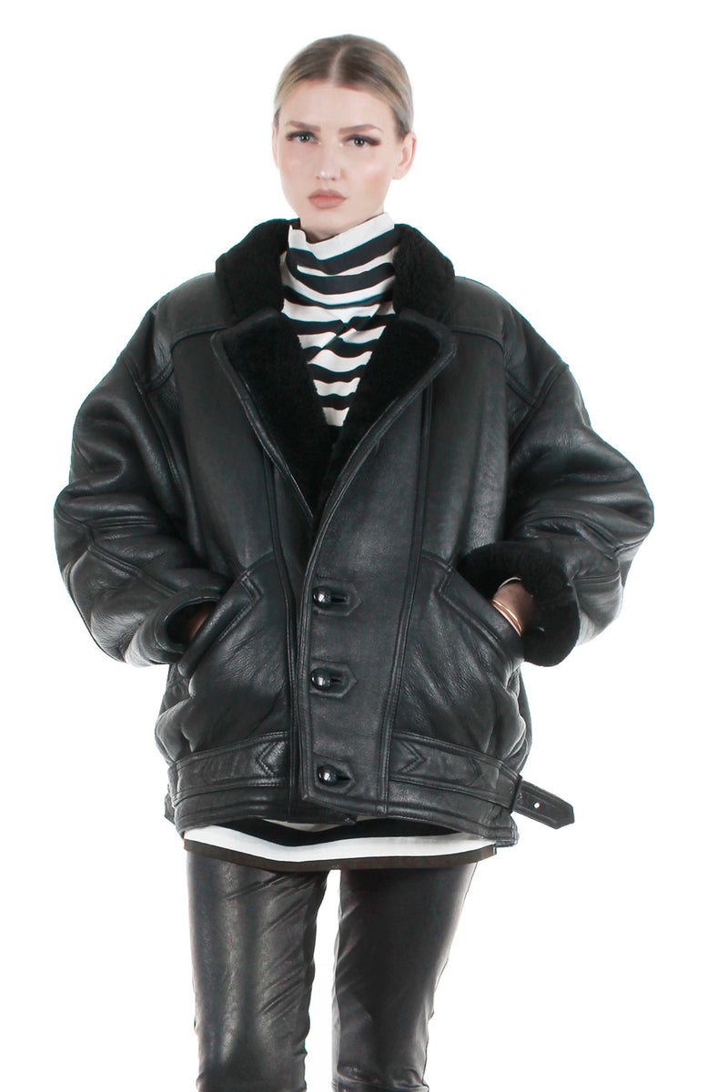 80s Sheepskin Jacket Black Leather Shearling Lined Oversized Heavy and Warm  Size Large + // 53