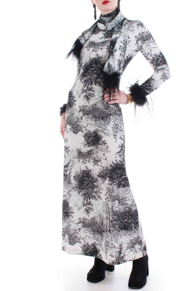 70's Vintage Marabou Feather Scenery Print Long Sleeve Maxi Dress with Matching Scarf Women's Size Small