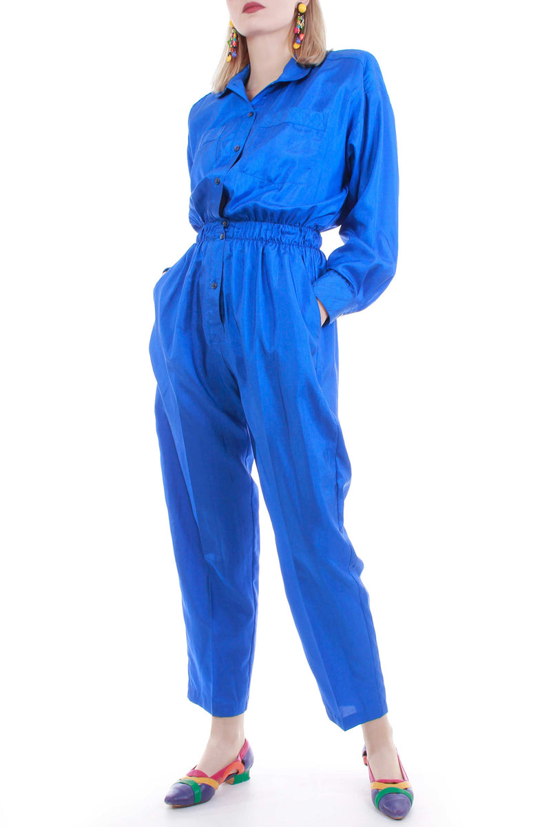 80's Vintage Shiny Blue Satin Jumpsuit Women's Size XS-Small 25