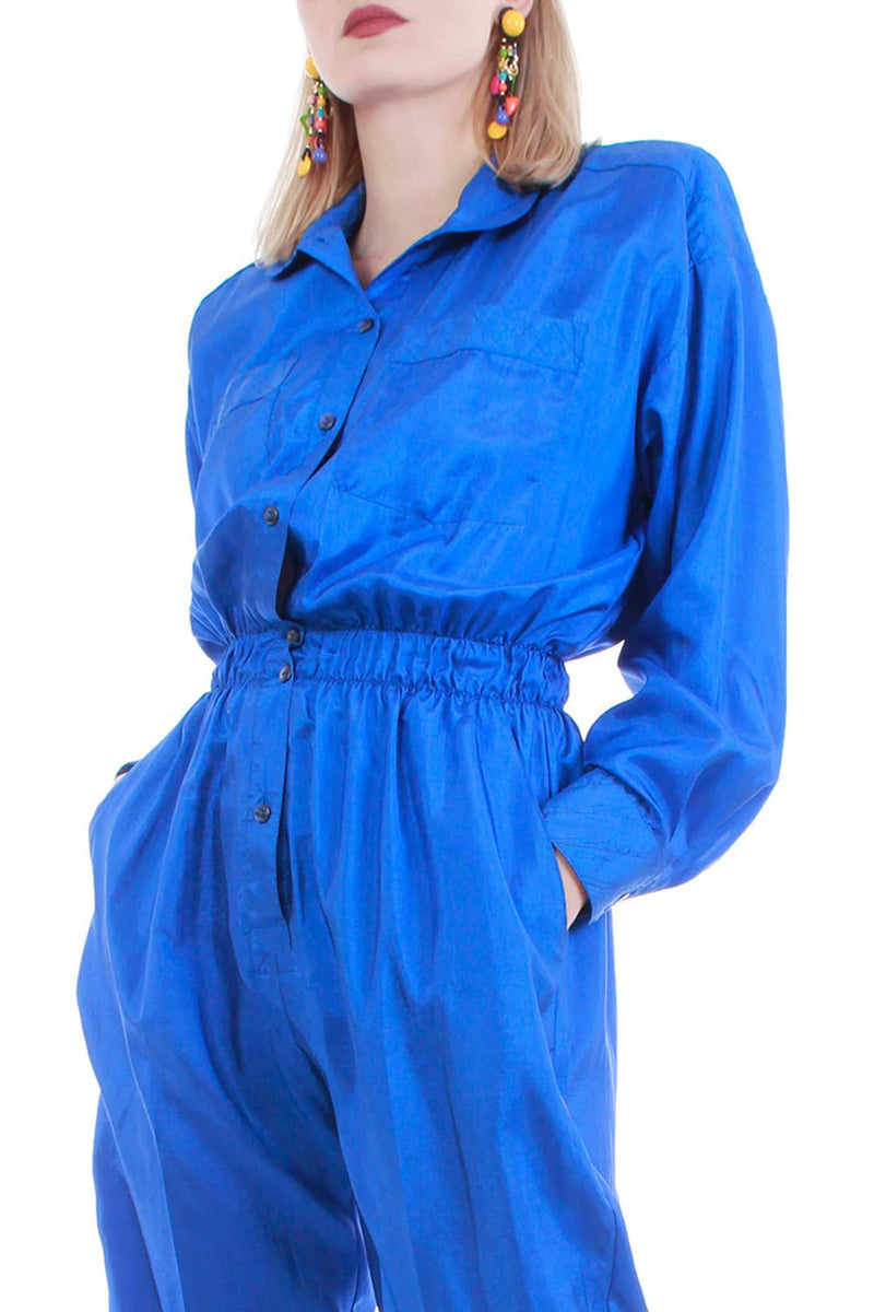 80's Vintage Shiny Blue Satin Jumpsuit Women's Size XS-Small 25