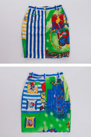 1990s VERSACE Graphic Colorful High Waist Cotton Skirt Striped &quot;Jazz Age&quot; Medusa Buttons Vintage Women&#39;s Size Medium 29&quot; waist