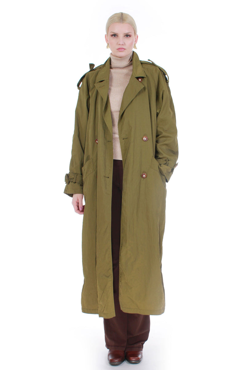 80s Oversized Olive Green Trench Coat Nylon Raincoat with 