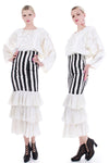 80s French Victorian Punk 2pc Ruffle Black White Striped High Waist Skirt and Satin Batwing Blouse