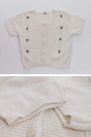 Vintage Floral Embroidered Cream Cotton Knit Sweater Top Womens Size XS...Small 34" bust...27" waist