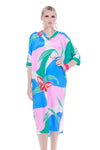 80s Pastel Floral Butterfly Silky Poly Blue Pink Batwing Loose Caftan Lounge Dress