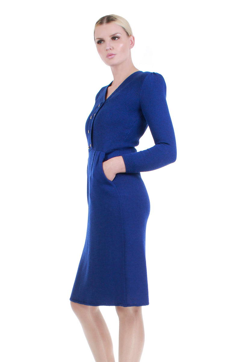 Vintage ST. JOHN Wool Knit Dress Deep Royal Blue Fitted Long Sleeve  Sweaterdress Women's Size Small-Medium, 32-36