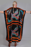 Silky PEACOCK Caftan Maxi Dress Colorful Black Novelty Bird Print Loungewear WFH Style Women One Size Fits All