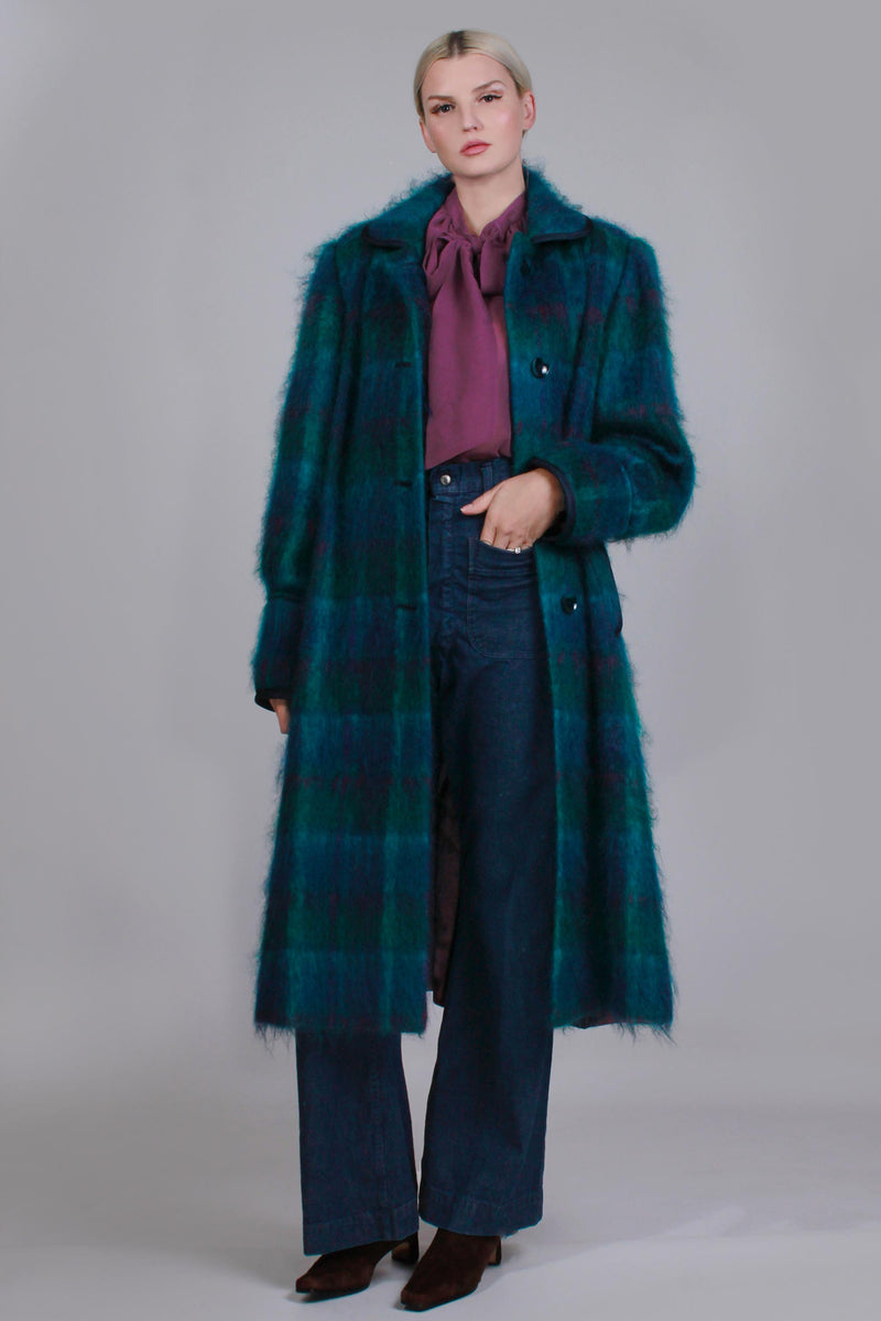 80s Blue Plaid MOHAIR Shaggy Long Winter Coat Made in the USA