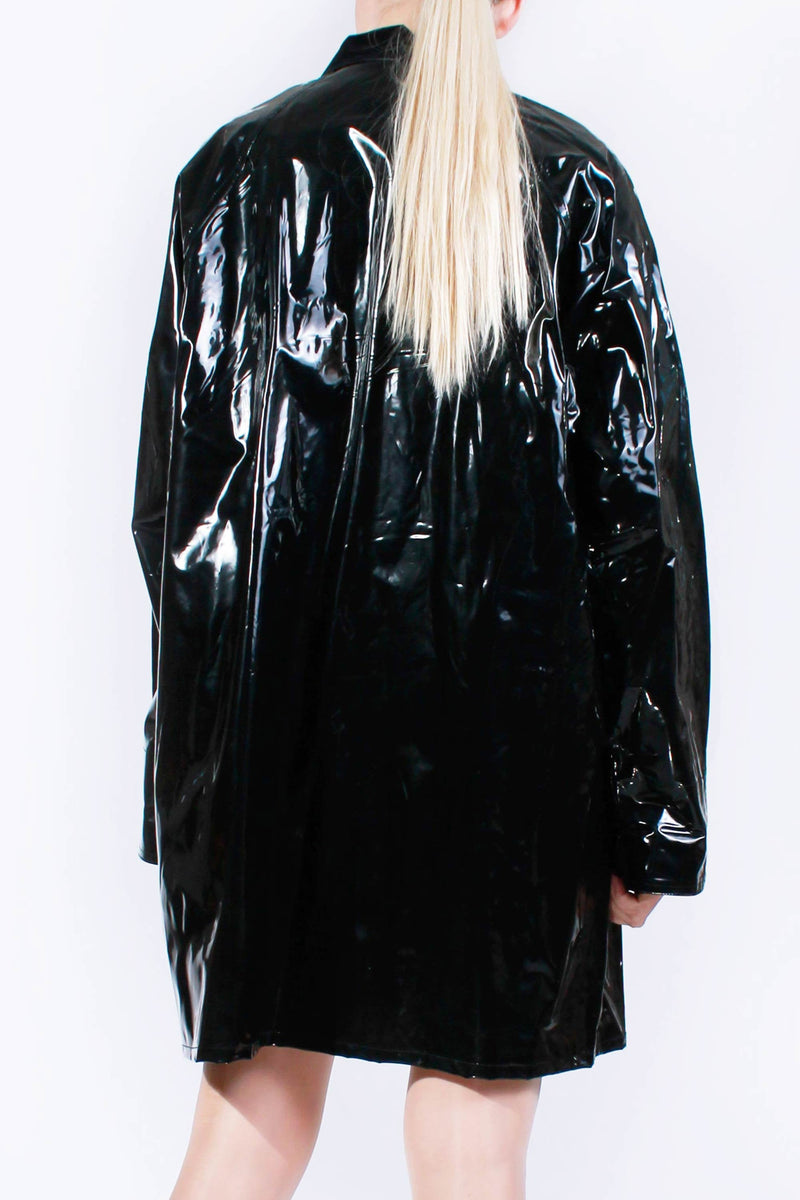 90s Shiny Black PVC Raincoat Unlined Vinyl Slicker Unisex Size XL 51