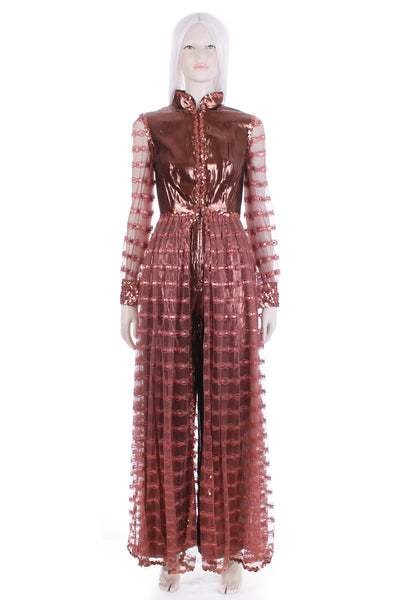 Vintage 1960s OSCAR de la RENTA Sequin Jumpsuit Metallic Copper Lamé Pantsuit Statement Piece Womens Size 2 / XS / 33"bust/24"waist/38"hips