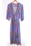 80s Susan Freis Pleated Georgette Colorful Periwinkle Floral Ruffle Dress Size 10/12 - Medium/Large