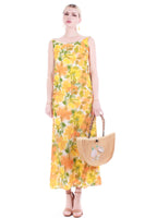 60s 70s Yellow 3D Flower Power Print Double Layer Mesh Maxi Dress Size 4 / XS / 33" bust