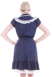 70s Vintage Navy Calico Lace Prairie Dress Size 8 / Small / 36" bust / 24-30" elastic waist