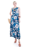 Vintage 1960s Barkcloth Blue White Hibiscus Hawaiian Maxi Dress by Aloha Size 8 / Small / Medium 36" bust 34" waist