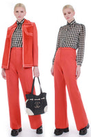 70s Orange Leather and Wool Knit Pantsuit High Waist Pleated Pants and Jacket 2pc Set Women's S