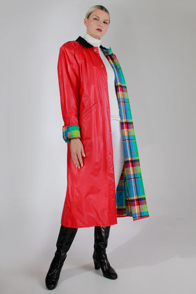 Vintage Red PVC Raincoat Plaid Lining Size Men Small Women Medium