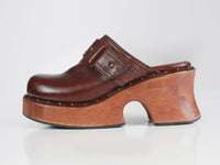 Vtg 90s MIA Wood Platform Brown Leather Chunky Clog Mule Shoes Women's Size 5.5 USA