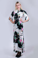 60s 70s ANDRADE Hawaii Asian Floral Kimono Sleeve Maxi Dress Black White Pink Vintage Women Size Small / Medium- 36"bust- 36" waist- 37"hips