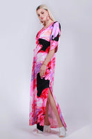 1960s MALIHINI Hawaii Pink Watercolor Swirl Vintage Maxi Dress Empire Bell Sleeve Size LARGE - XL - 42" bust - 41" waist - 46" hips