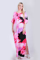 1960s MALIHINI Hawaii Pink Watercolor Swirl Vintage Maxi Dress Empire Bell Sleeve Size LARGE - XL - 42" bust - 41" waist - 46" hips