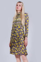60s MOD Yellow Purple Black White GEO Floral Printed Slippery Nylon Long Sleeve Dress Women's Size XS-Small - 34" bust - 28" waist - 34"hips