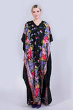 80s Black Floral BOTANICAL Shiny Silky Caftan Maxi Dress Muu Muu Housedress Loungewear Women's One Size Fits All 64" wide