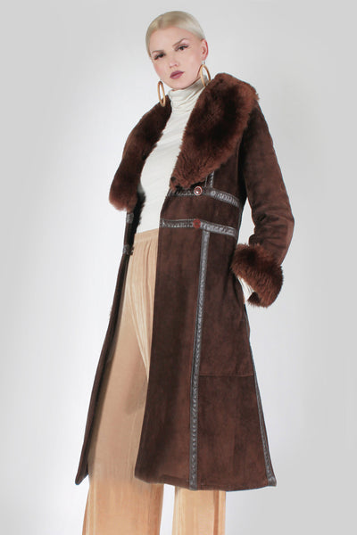 60s 70s Bohemian Princess Coat Heavy Suede Leather Fully Lined in Faux Fur Dark Brown EVC! Women's Size Small - 35" bust - 31" waist-38"hips