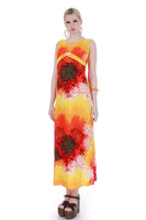 Vintage 60s Neon Barkcloth Yellow Red Orange Chrysanthemum Hawaii Tiki Wiggle Dress Size XS