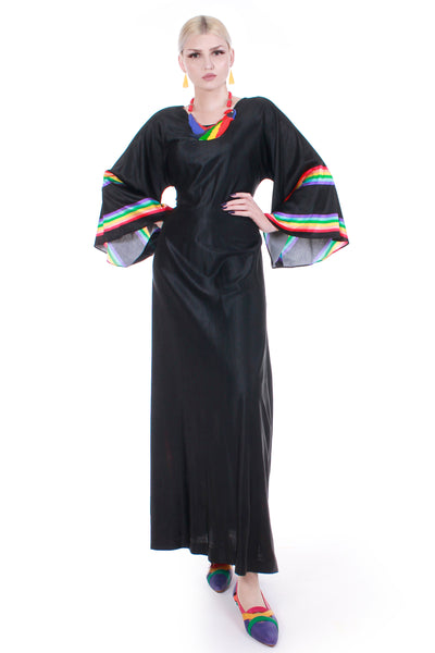 1970s Disco SOLO SF Caftan Maxi Dress in Black with Rainbow Striping Size 12 - Large - 42/42/46