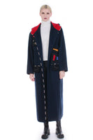 80s Vintage Navy Wool Felted Patchwork Long Hooded Art to Wear Maxi Coat Size XL+