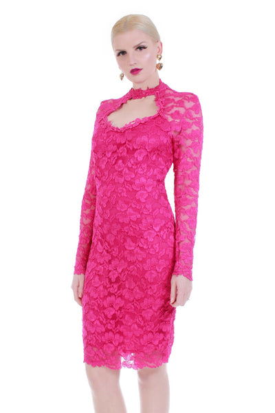 90s Hot Pink Stretch Lace Bodycon Long Sleeve Midi Dress With Cutout and Choker Neckline size M