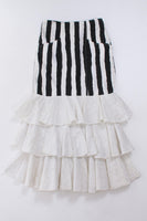 80s French Victorian Punk 2pc Ruffle Black White Striped High Waist Skirt and Satin Batwing Blouse Set Womens Size XS...S...27" waist