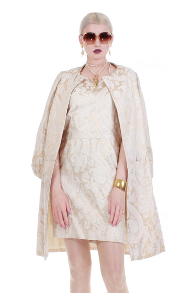 60s 2pc Gold Lurex Brocade ELOISE CURTIS for David Styne Paisley Floral Jacket Dress 