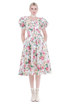 80s Puff Sleeve Cotton Garden Floral Country Rose Full Skirt Midi Sun Dress