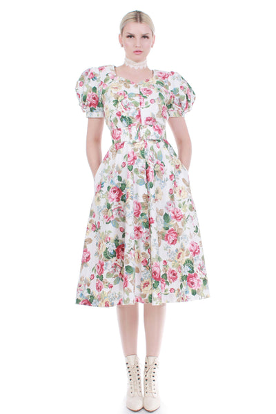 80s Puff Sleeve Cotton Garden Floral Country Rose Full Skirt Midi Sun Dress