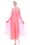 60s NEON Pink-Orange Buttery Soft Nylon Chiffon Layered Jumpsuit Loungewear Lingerie Women's Size XS / Small / 32-36" bust / 28" waist