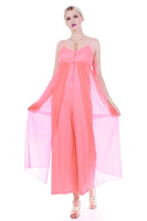 60s NEON Pink-Orange Buttery Soft Nylon Chiffon Layered Jumpsuit Loungewear Lingerie Women's Size XS / Small / 32-36" bust / 28" waist