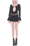 90s Slinky Black Bell Sleeve Mini Dress with Gold Metal Dollar Sign Clasp