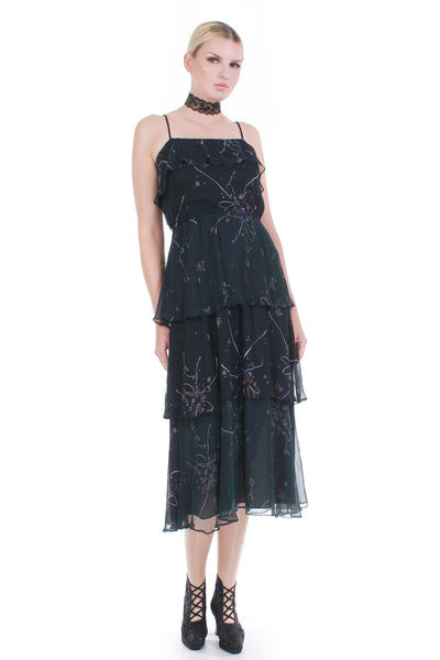70s ARJON California Black Lavender Floral Sheer Chiffon Ruffle Peasant Dress Women's Size Small-Medium