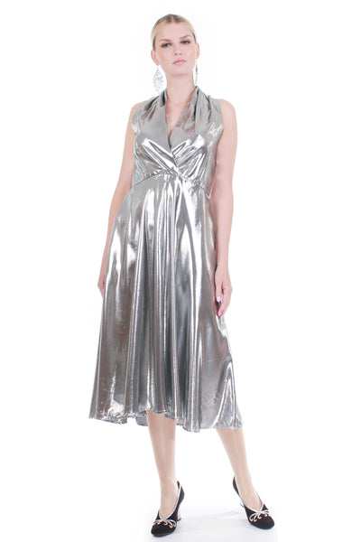 Vintage LIQUID Silver Lamé Metallic Shiniest Plunge Wide Sweeping Below Knee Length Dress Women's Size Large