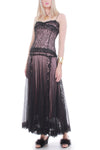 Vintage Betsey Johnson 20s Style Pink Black Lace Drop Waist Maxi Dress