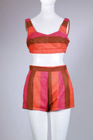 50s 60s Cotton CANVAS 2 Piece Set Playsuit High Waist Shorts + Crop Top Orange Pink Brown Striped Women's Size Small-XS