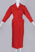 80s Red Cotton Trench Dress Lightweight Belted Puff Sleeve Midi Shirtdress Women's Size XS 