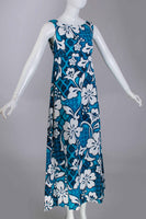 1960s Vintage BARKCLOTH Hawaiian Sleeveless ALOHA Maxi Dress Blue White Hibiscus Floral Print Women's Size Small - Medium 36" bust 34" waist