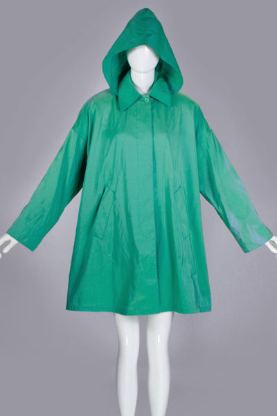 80s Iridescent Swing Jacket Green Blue Hooded Raincoat Jones New York Made in the USA Womens Size XL - 50" bust - 52" waist - free hips
