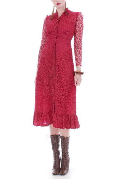 Vintage Berry Red Lace Victorian High Collar Dress