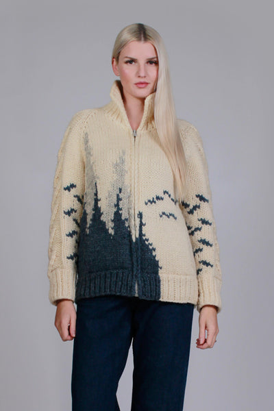 70s Vintage COWICHAN Trees and Birds Canadian Wool Knit Cardigan Sweater Women's Size Medium 40" bust - 38" waist - 34" hem