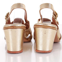Vintage Gold Metallic Leather Slingback Block Heel Sandals Size 7 USA