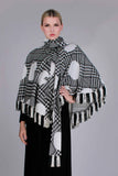 60s Vintage MOD OP ART Woven Fringe Cape Poncho with Matching Scarf Set Black and White Space Age Plaid One Size Fits All Most 20" neckline