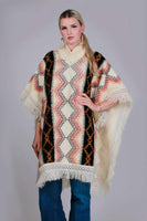 1970s Vintage Fringe Poncho Sweater Knit Cape Southwestern Earth Tone Women's One Size Fits All